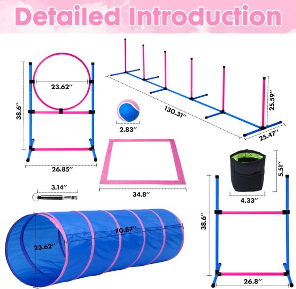 Dog Agility Course Backyard Set, Dog Agility Equipment, Pet obstacle Course Backyard with 6 Dual Mode Weave Poles, 2 Adjustable Hurdle, Jump Ring, Tunnel, Pause Box, Toy Balls and 2 Carrying Bags