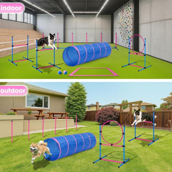 Dog Agility Course Backyard Set, Dog Agility Equipment, Pet obstacle Course Backyard with 6 Dual Mode Weave Poles, 2 Adjustable Hurdle, Jump Ring, Tunnel, Pause Box, Toy Balls and 2 Carrying Bags