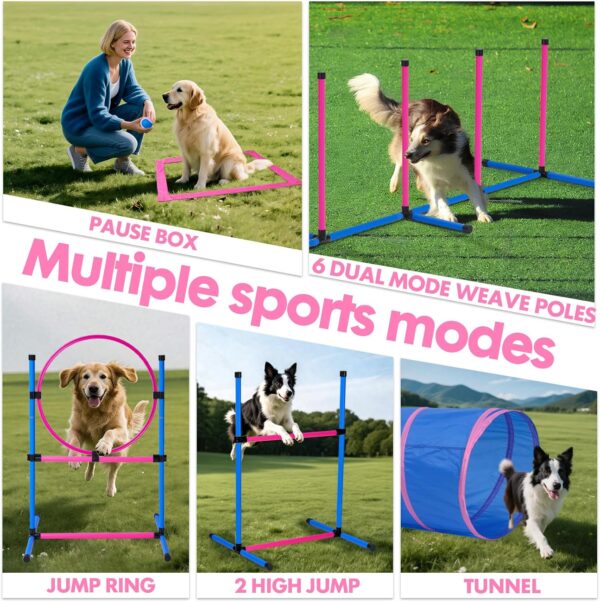 Dog Agility Course Backyard Set, Dog Agility Equipment, Pet obstacle Course Backyard with 6 Dual Mode Weave Poles, 2 Adjustable Hurdle, Jump Ring, Tunnel, Pause Box, Toy Balls and 2 Carrying Bags