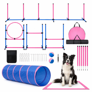 Dog Agility Course Backyard Set, Dog Agility Equipment, Pet obstacle Course Backyard with 6 Dual Mode Weave Poles, 2 Adjustable Hurdle, Jump Ring, Tunnel, Pause Box, Toy Balls and 2 Carrying Bags
