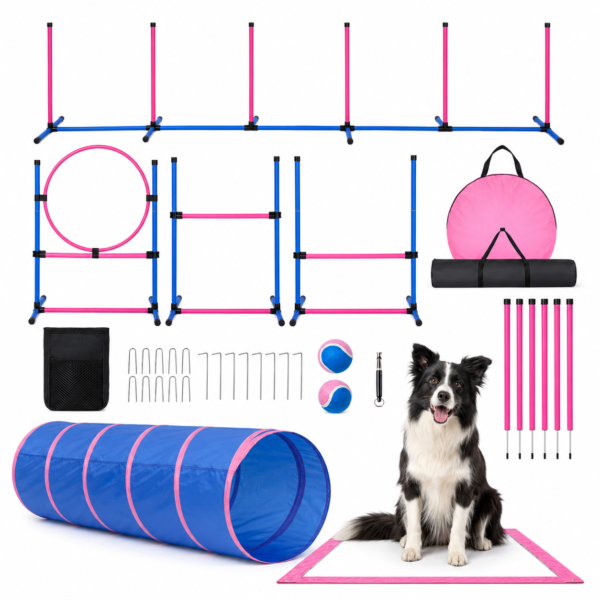 Dog Agility Course Backyard Set, Dog Agility Equipment, Pet obstacle Course Backyard with 6 Dual Mode Weave Poles, 2 Adjustable Hurdle, Jump Ring, Tunnel, Pause Box, Toy Balls and 2 Carrying Bags